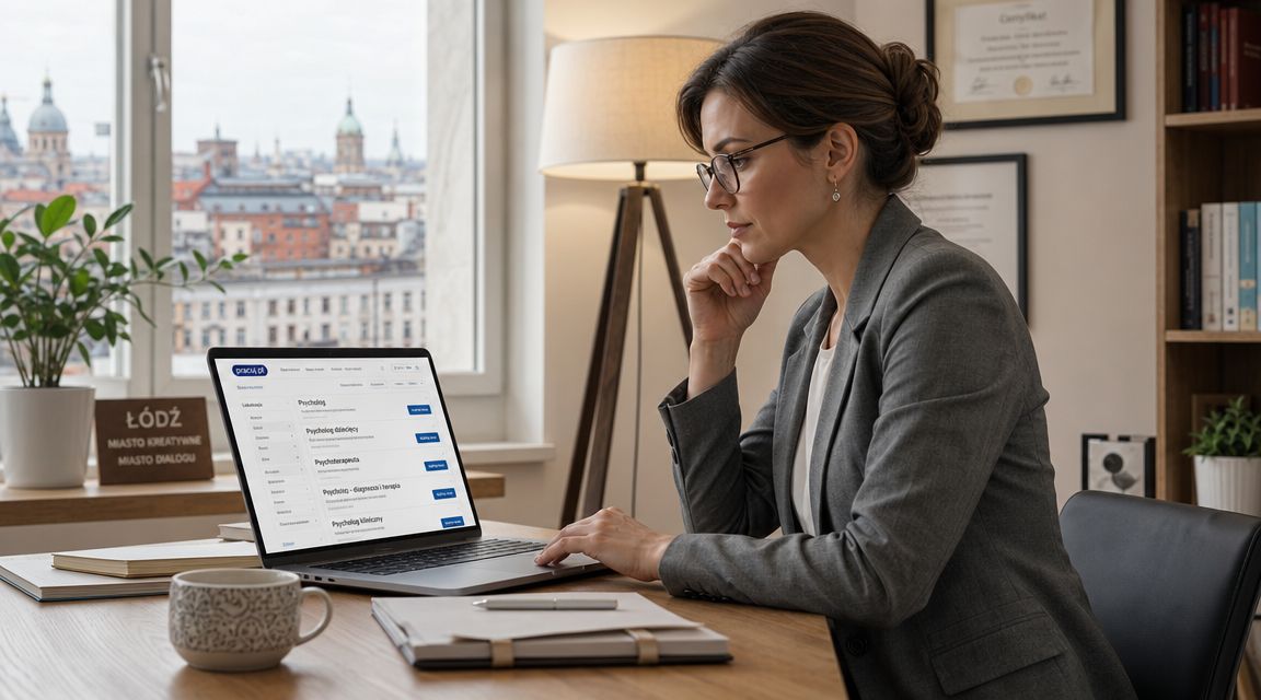 Kobieta w eleganckim żakiecie pracuje przy laptopie w biurze z widokiem na panoramę miasta Łódź.