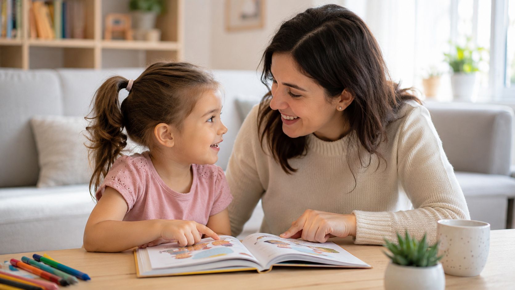 Uśmiechnięta mama czyta książkę ze swoją córką, wspierając rozwój mowy poprzez wspólną naukę w domu.