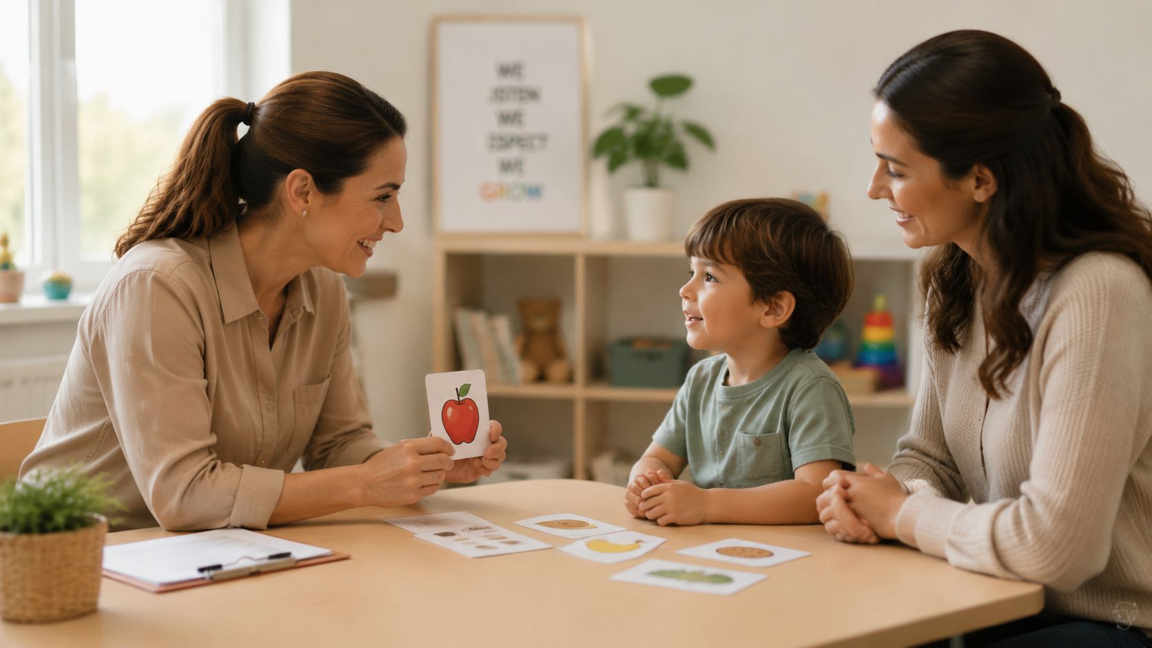 Nauczycielka prowadzi zajęcia logopedyczne z małym chłopcem, używając kart edukacyjnych z obrazkami owoców przy stole.