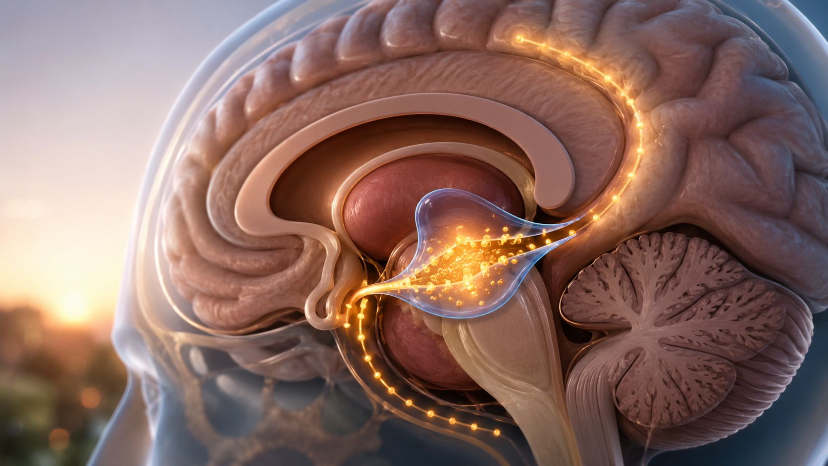 Schematyczne przedstawienie ludzkiego mózgu z podświetlonymi obszarami przekaźników synaptycznych, ilustrujące proces neurochemiczny wewnątrz głowy.